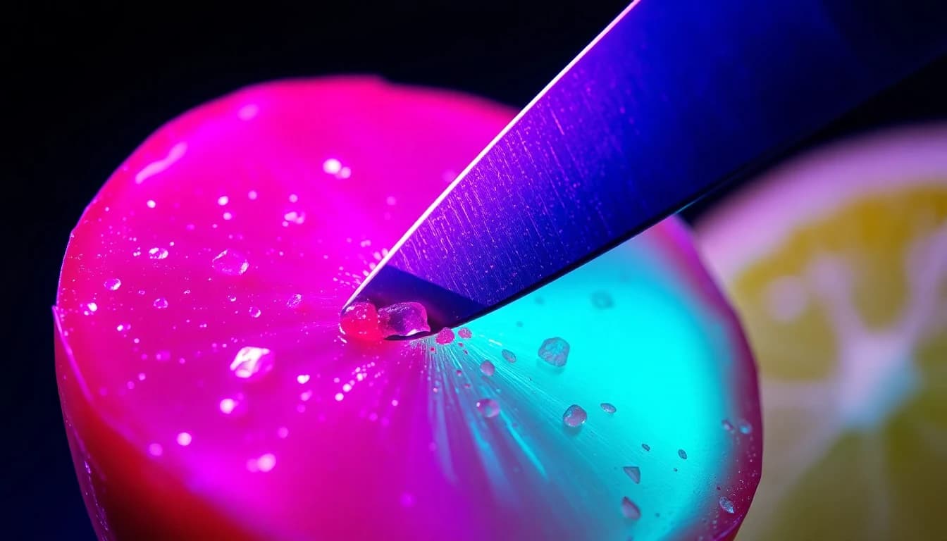 AI ASMR video close-up of glass fruit slicing with neon studio lighting, representing a satisfying AI video generator clip
