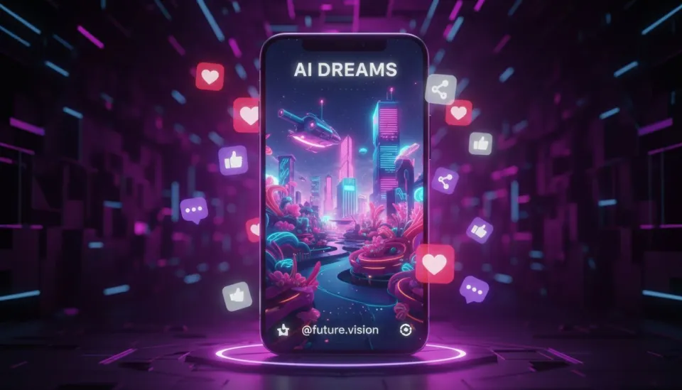 Smartphone displaying AI-generated TikTok video content surrounded by social media engagement icons and neon purple lighting