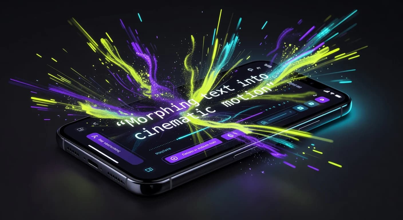 A smartphone screen showing a written text prompt turning into a cinematic moving video clip with neon lime and electric purple particles on a dark background