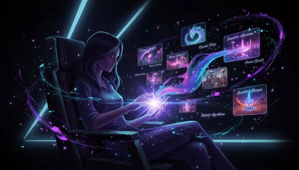 Person creating AI-generated videos from text prompts on a smartphone with holographic video scenes appearing around them