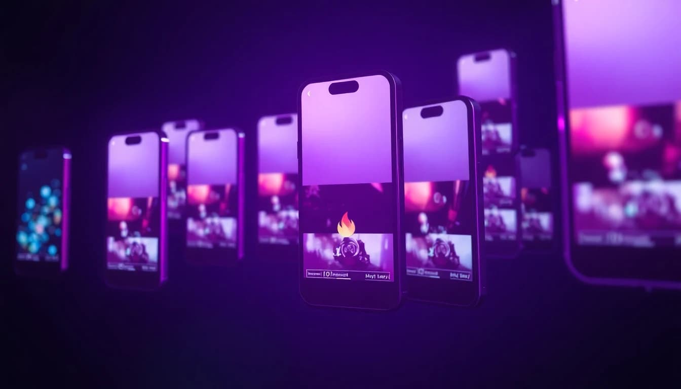 Vertical phone screens showing viral AI video clips with neon accents, representing an AI video generator app feed